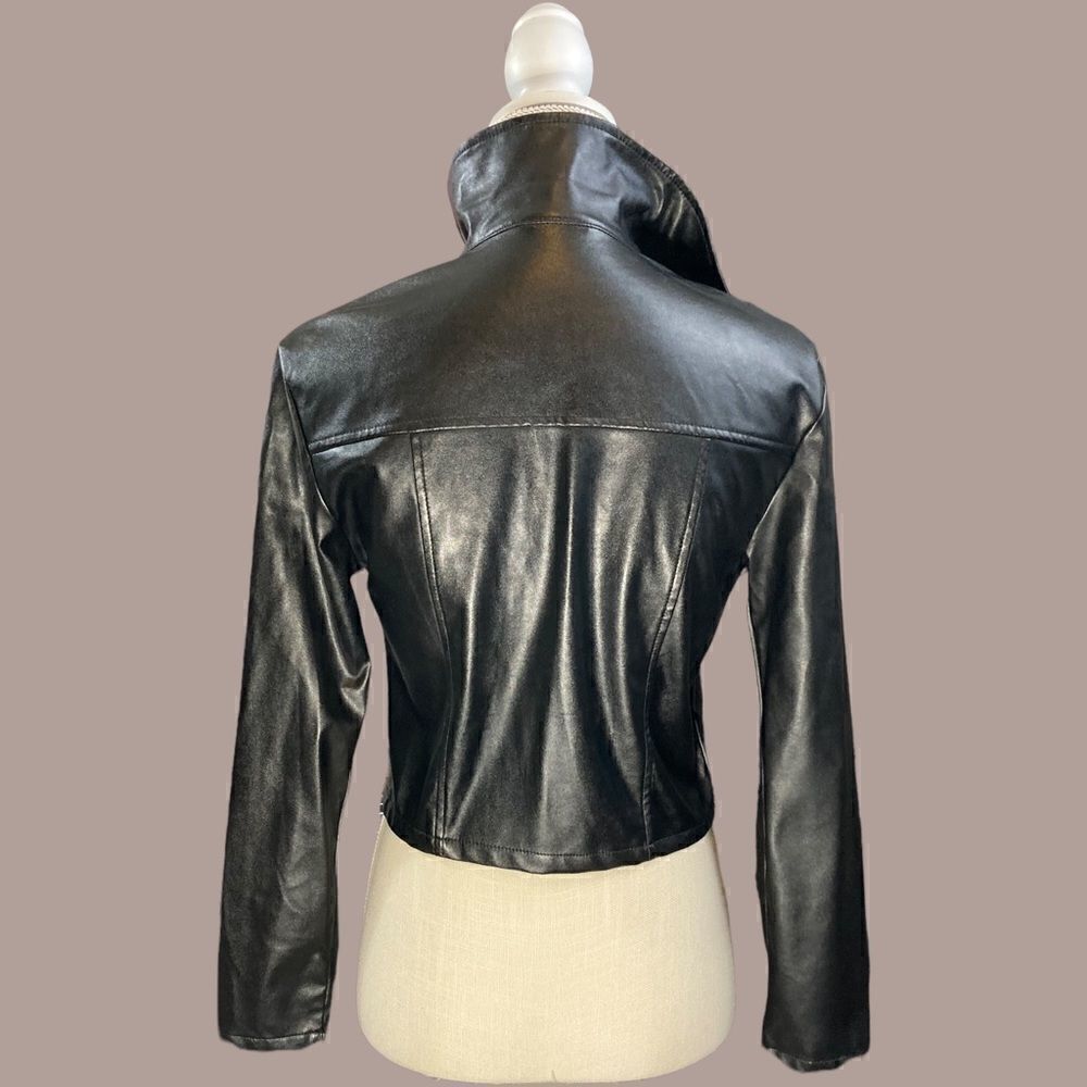 Black Faux Leather Cropped Button Down Lightweight Jacket - Picture 3 of 13
